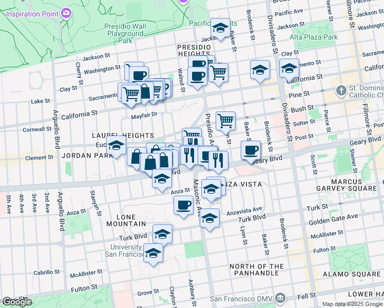 map of restaurants, bars, coffee shops, grocery stores, and more near 3 Masonic Avenue in San Francisco