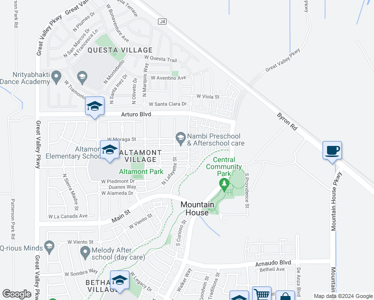 map of restaurants, bars, coffee shops, grocery stores, and more near 153 Santa Cruz Way in Mountain House