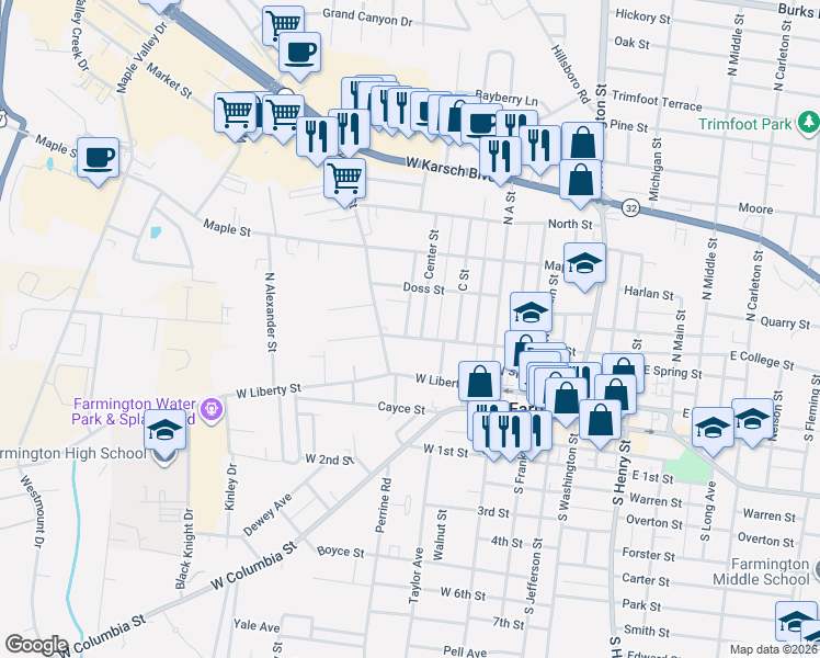 map of restaurants, bars, coffee shops, grocery stores, and more near 507 West College Street in Farmington