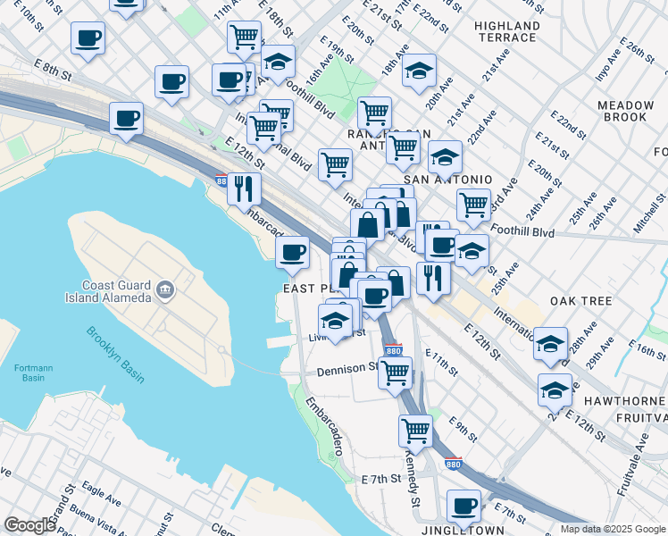 map of restaurants, bars, coffee shops, grocery stores, and more near 1830 Embarcadero in Oakland