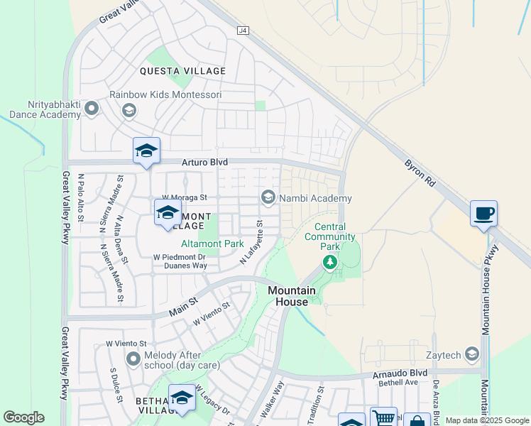 map of restaurants, bars, coffee shops, grocery stores, and more near 197 Santa Cruz Way in Mountain House