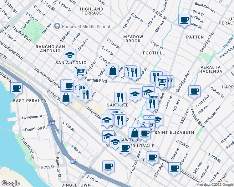 map of restaurants, bars, coffee shops, grocery stores, and more near 1711 27th Avenue in Oakland