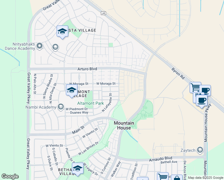 map of restaurants, bars, coffee shops, grocery stores, and more near 197 Santa Cruz Way in Mountain House