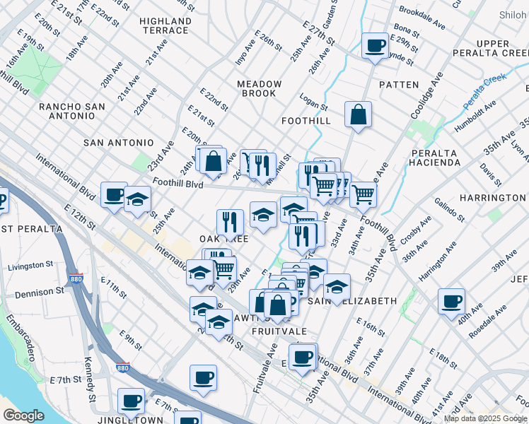 map of restaurants, bars, coffee shops, grocery stores, and more near 1777 28th Avenue in Oakland