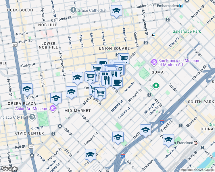 map of restaurants, bars, coffee shops, grocery stores, and more near 901 Market Street in San Francisco