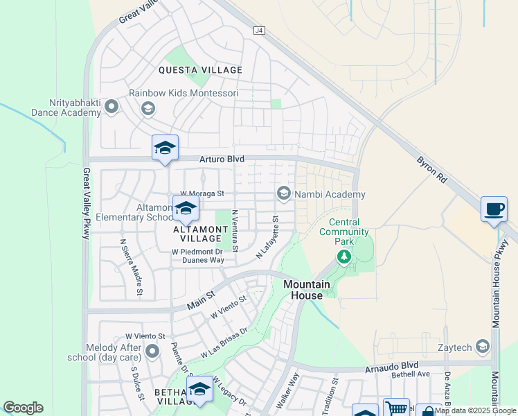 map of restaurants, bars, coffee shops, grocery stores, and more near 245 Santa Cruz Way in Mountain House