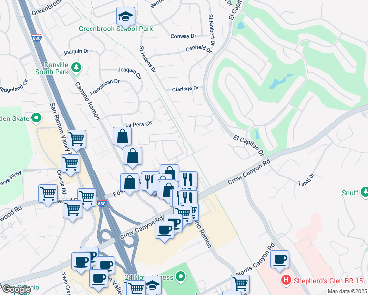 map of restaurants, bars, coffee shops, grocery stores, and more near 1133 Silverwood Court in Danville