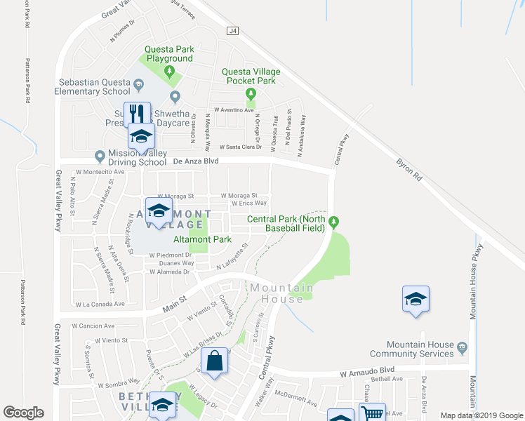 map of restaurants, bars, coffee shops, grocery stores, and more near 165 West Santa Cruz Way in Mountain House