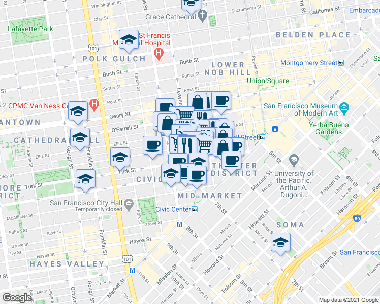 map of restaurants, bars, coffee shops, grocery stores, and more near 238 Leavenworth St in San Francisco