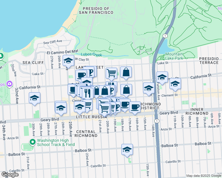 map of restaurants, bars, coffee shops, grocery stores, and more near 236 20th Avenue in San Francisco