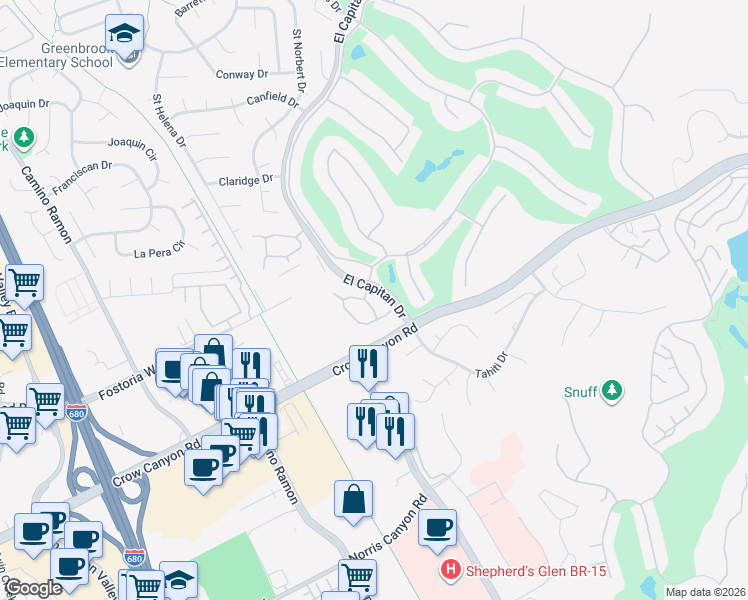 map of restaurants, bars, coffee shops, grocery stores, and more near 2228 Oneida Circle in Danville
