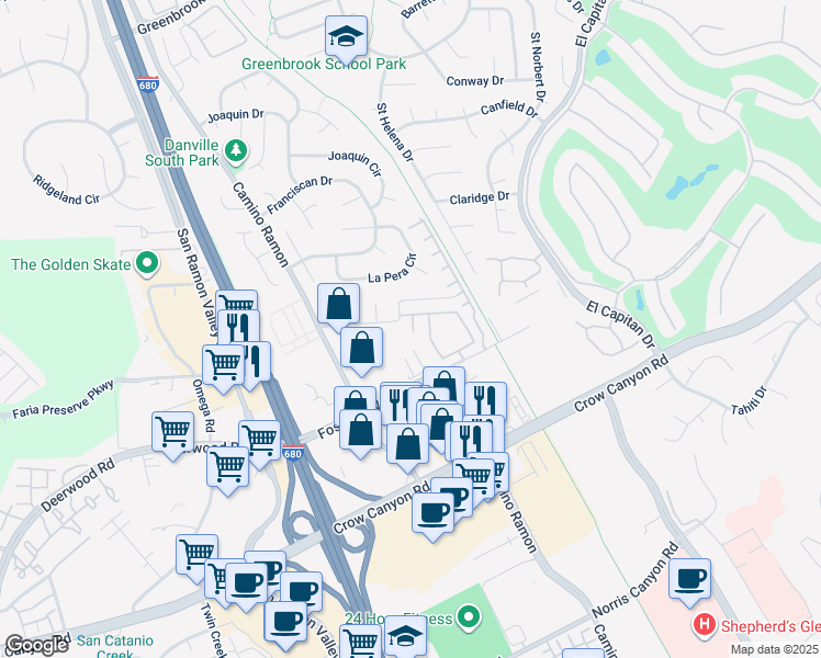 map of restaurants, bars, coffee shops, grocery stores, and more near 1981 Camino Ramon in Danville