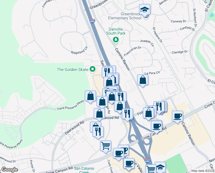 map of restaurants, bars, coffee shops, grocery stores, and more near 2067 San Ramon Valley Boulevard in San Ramon