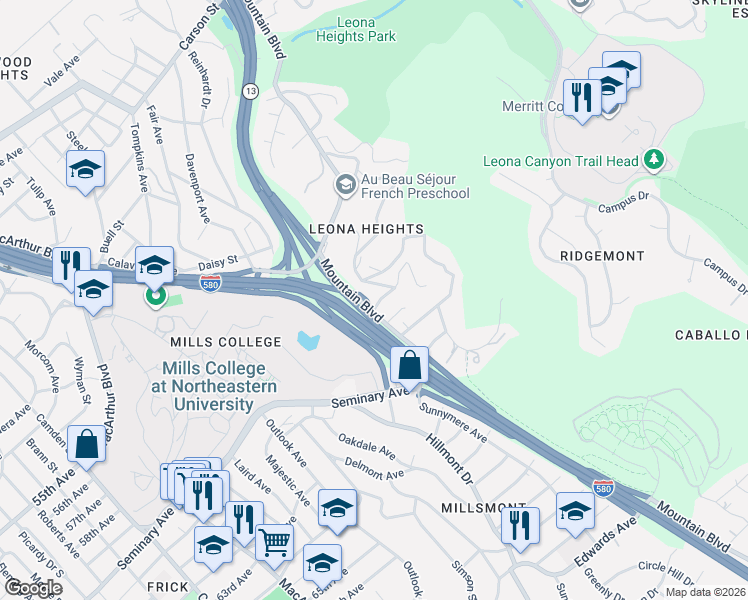 map of restaurants, bars, coffee shops, grocery stores, and more near 4048 Rusting Avenue in Oakland