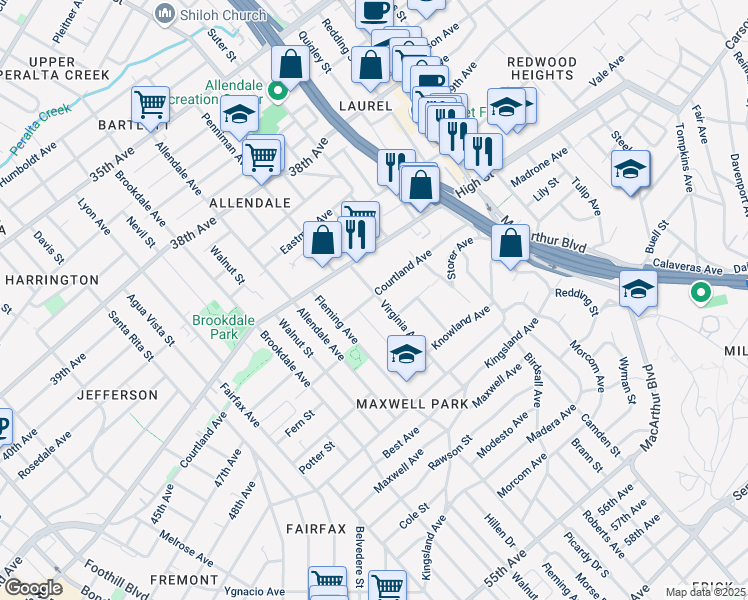 map of restaurants, bars, coffee shops, grocery stores, and more near in Oakland