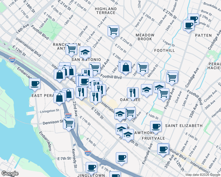 map of restaurants, bars, coffee shops, grocery stores, and more near 2509 East 16th Street in Oakland