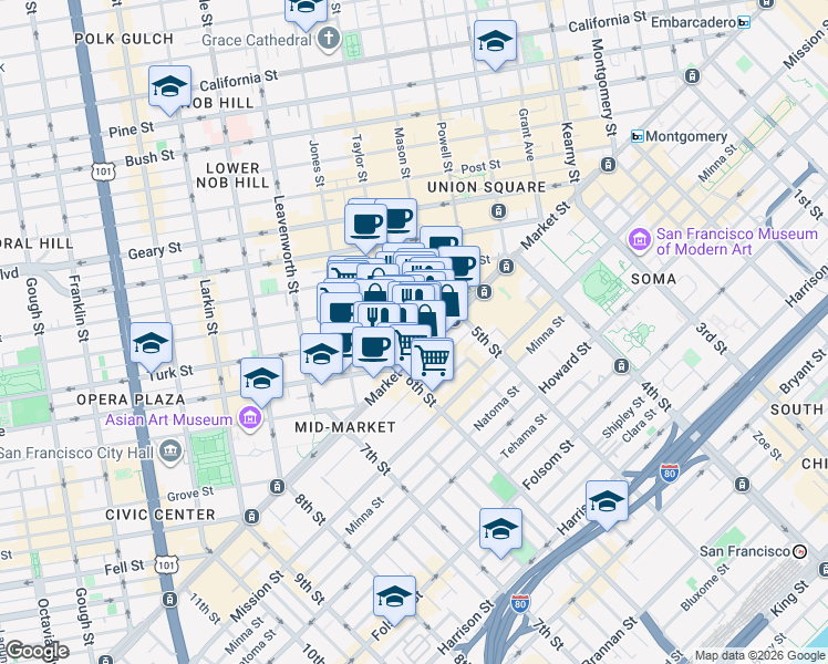 map of restaurants, bars, coffee shops, grocery stores, and more near 240 Jones Street in San Francisco