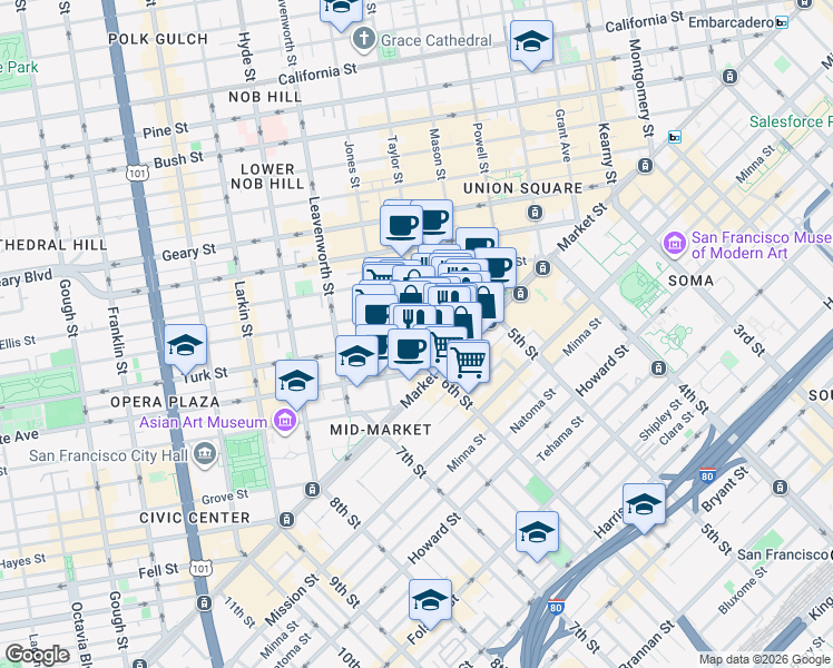 map of restaurants, bars, coffee shops, grocery stores, and more near 240 Jones Street in San Francisco