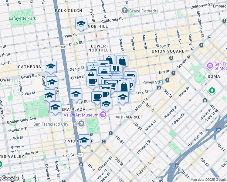 map of restaurants, bars, coffee shops, grocery stores, and more near 455 Eddy Street in San Francisco