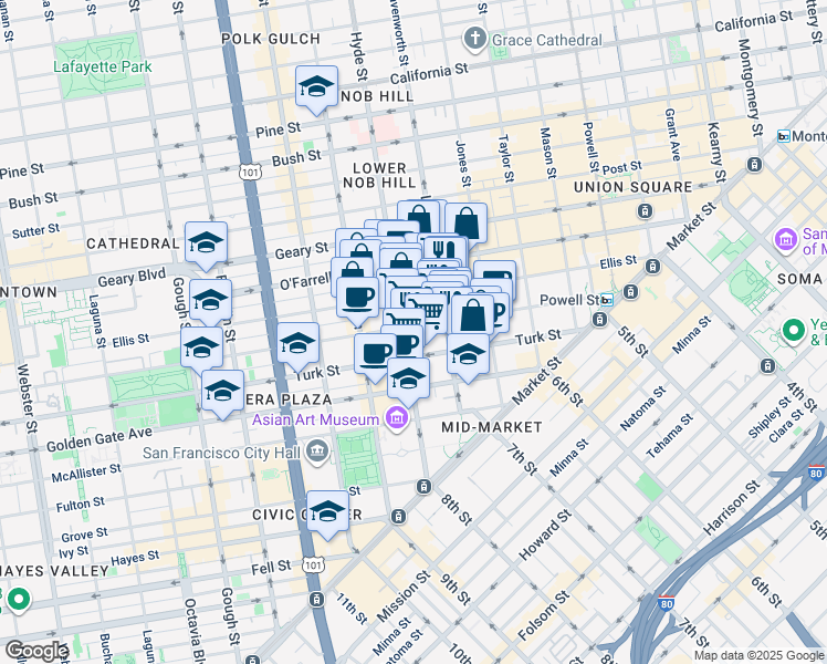 map of restaurants, bars, coffee shops, grocery stores, and more near 455 Eddy Street in San Francisco