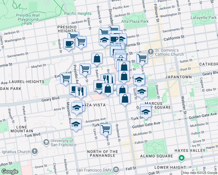 map of restaurants, bars, coffee shops, grocery stores, and more near 350 Saint Joseph's Avenue in San Francisco
