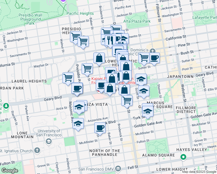 map of restaurants, bars, coffee shops, grocery stores, and more near 350 Saint Joseph's Avenue in San Francisco