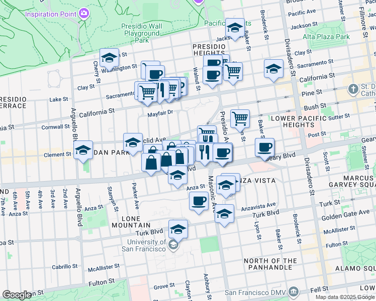 map of restaurants, bars, coffee shops, grocery stores, and more near 15 Wood Street in San Francisco