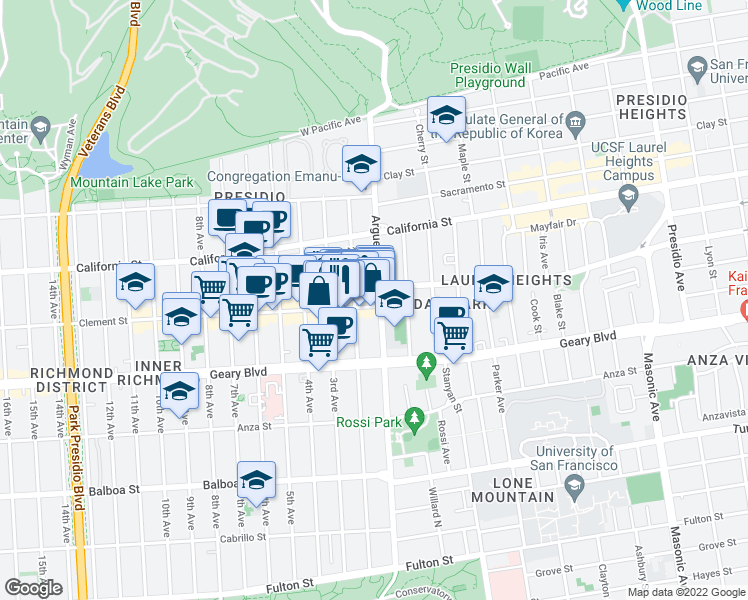 map of restaurants, bars, coffee shops, grocery stores, and more near 126 Clement Street in San Francisco