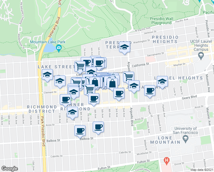 map of restaurants, bars, coffee shops, grocery stores, and more near 270 5th Avenue in San Francisco