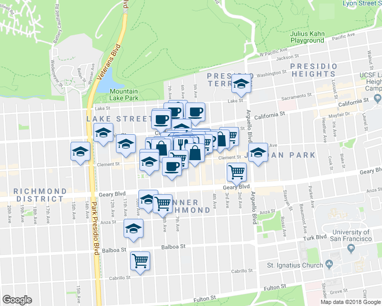map of restaurants, bars, coffee shops, grocery stores, and more near 431 Clement Street in San Francisco