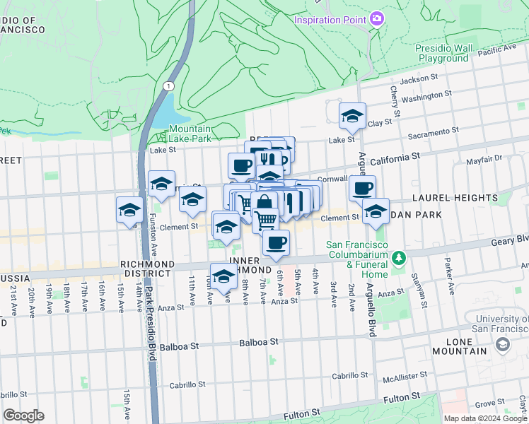 map of restaurants, bars, coffee shops, grocery stores, and more near 431 Clement Street in San Francisco