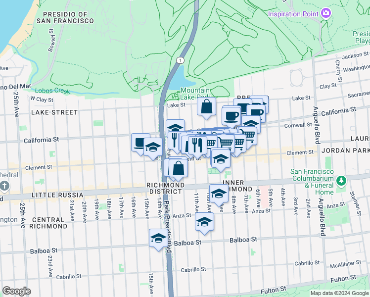 map of restaurants, bars, coffee shops, grocery stores, and more near 250 12th Avenue in San Francisco