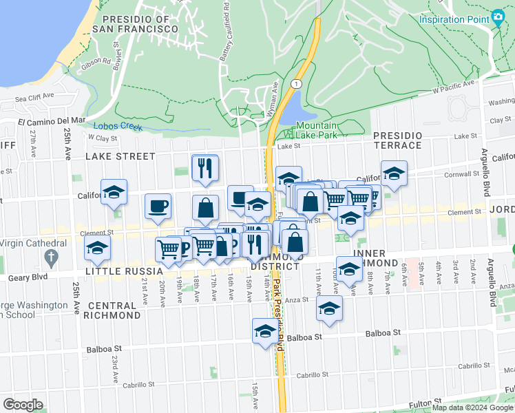 map of restaurants, bars, coffee shops, grocery stores, and more near 249 14th Avenue in San Francisco