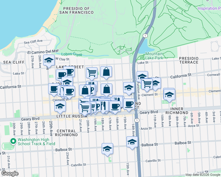 map of restaurants, bars, coffee shops, grocery stores, and more near 245 17th Avenue in San Francisco