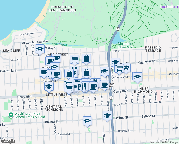 map of restaurants, bars, coffee shops, grocery stores, and more near 245 17th Avenue in San Francisco
