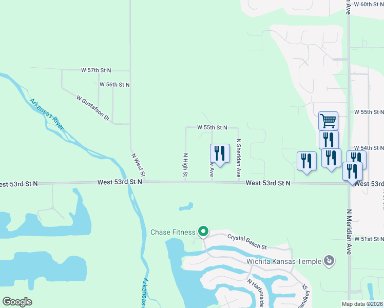 map of restaurants, bars, coffee shops, grocery stores, and more near 5402 North High Street in Wichita