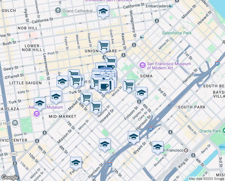 map of restaurants, bars, coffee shops, grocery stores, and more near 833 Mission Street in San Francisco