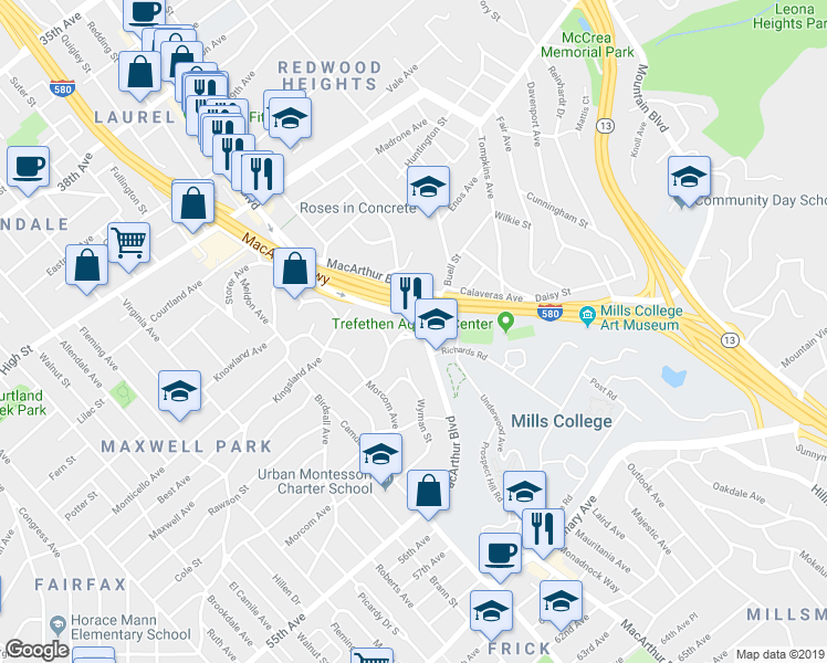map of restaurants, bars, coffee shops, grocery stores, and more near 3535 Pierson Street in Oakland
