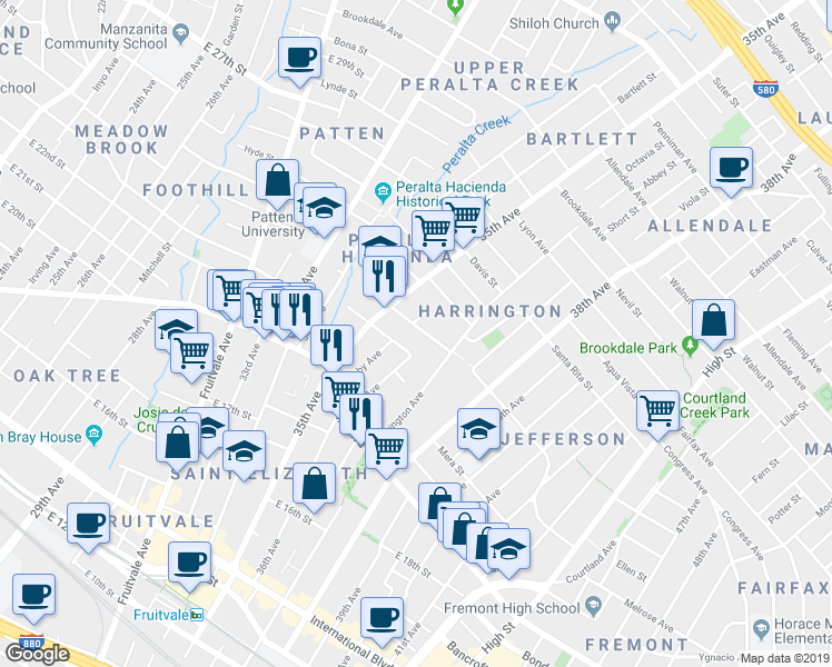 map of restaurants, bars, coffee shops, grocery stores, and more near 3559 Galindo Street in Oakland