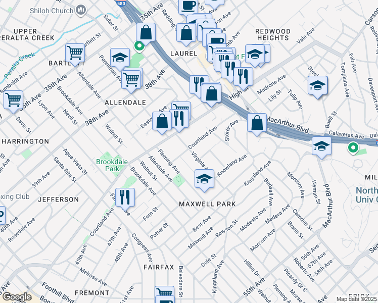 map of restaurants, bars, coffee shops, grocery stores, and more near 4403 Virginia Avenue in Oakland