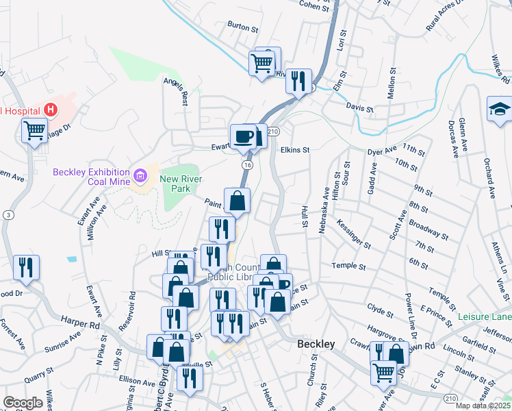 map of restaurants, bars, coffee shops, grocery stores, and more near 108 Beverley Street in Beckley