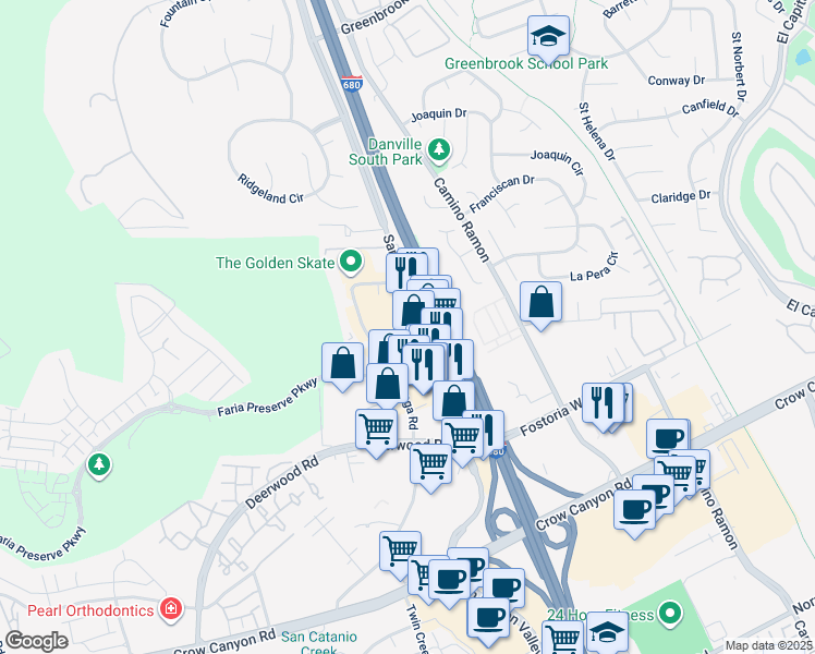 map of restaurants, bars, coffee shops, grocery stores, and more near 2067 San Ramon Valley Boulevard in San Ramon