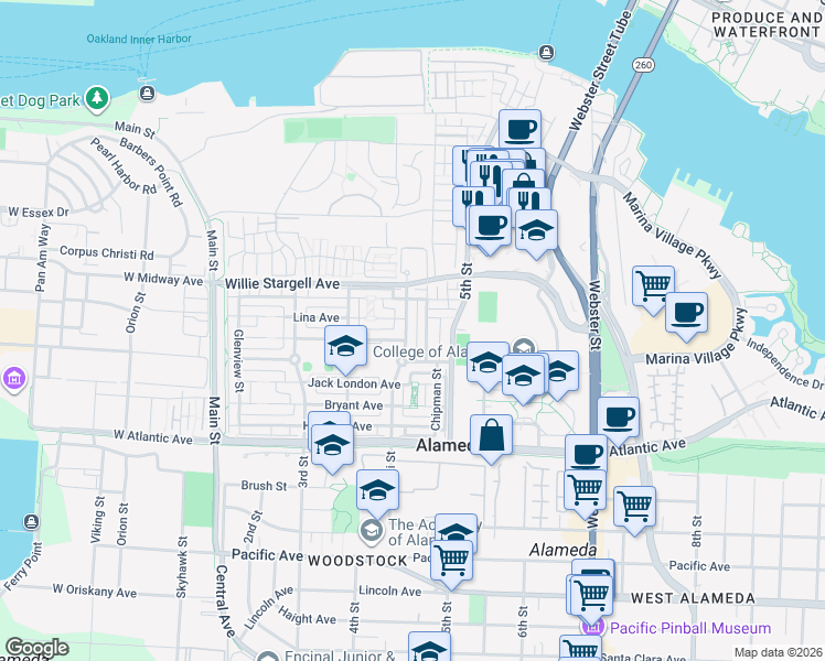 map of restaurants, bars, coffee shops, grocery stores, and more near 2365 Haile Street in Alameda