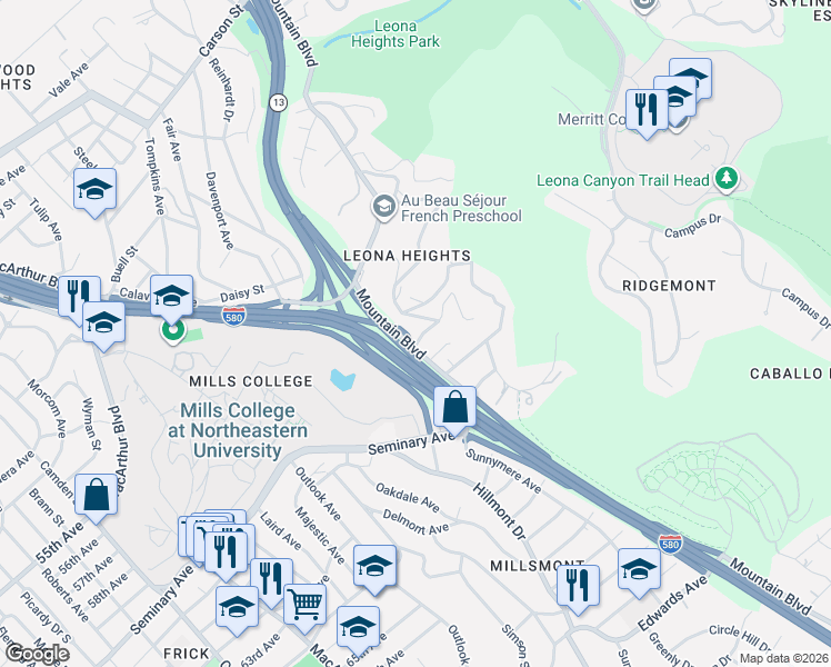map of restaurants, bars, coffee shops, grocery stores, and more near 4048 Rusting Avenue in Oakland
