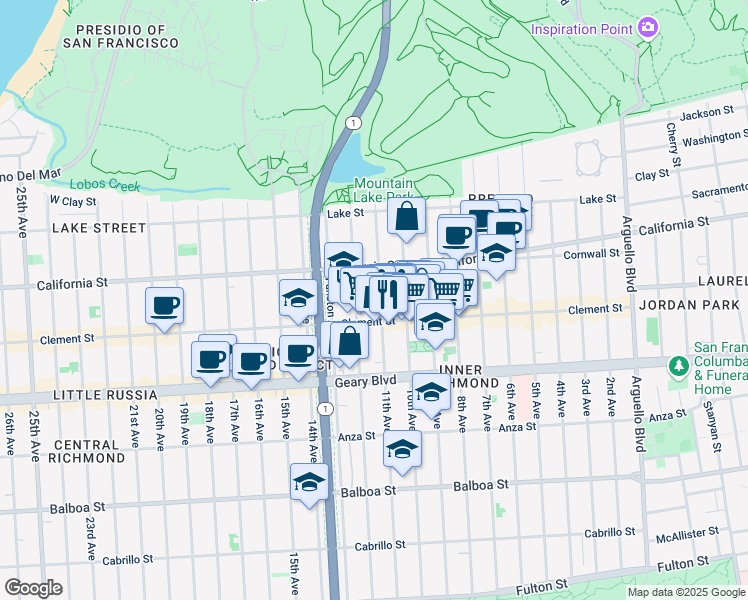 map of restaurants, bars, coffee shops, grocery stores, and more near 250 12th Avenue in San Francisco