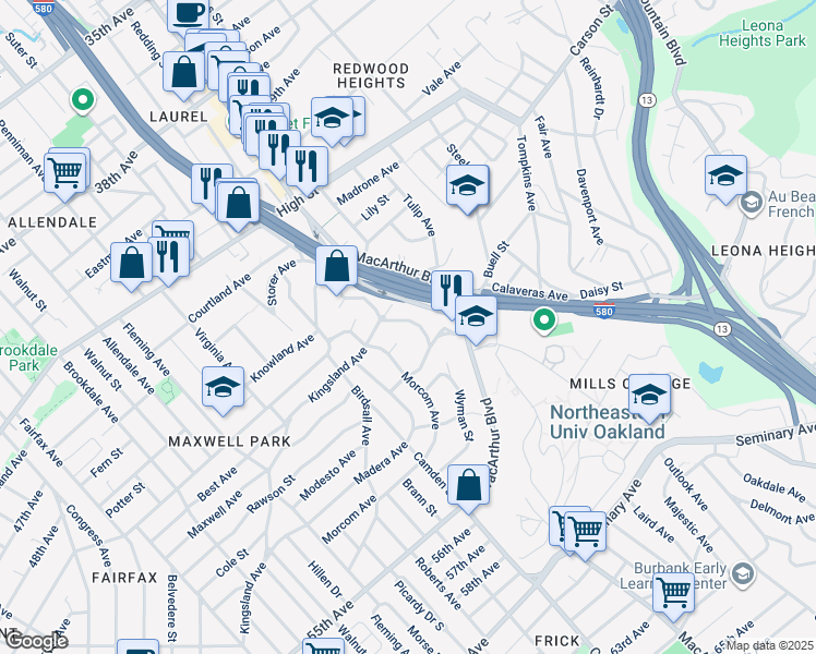 map of restaurants, bars, coffee shops, grocery stores, and more near 4751 Redding Street in Oakland