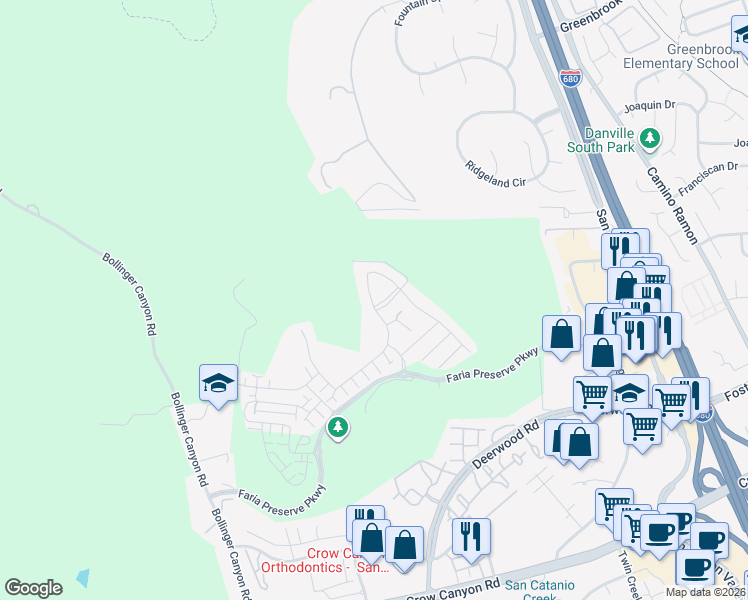 map of restaurants, bars, coffee shops, grocery stores, and more near 1201 Via Messina in San Ramon