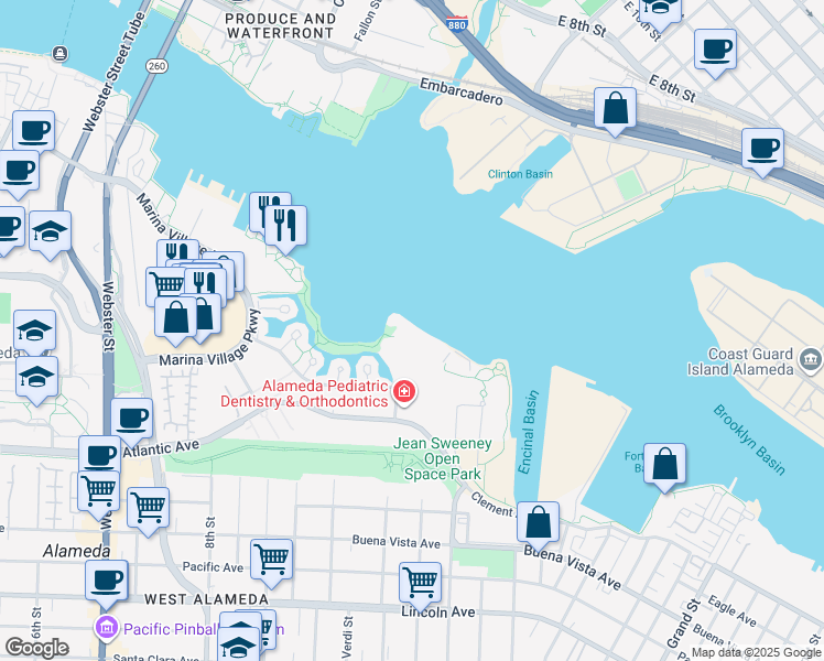map of restaurants, bars, coffee shops, grocery stores, and more near 1101 Pacific Marina in Alameda