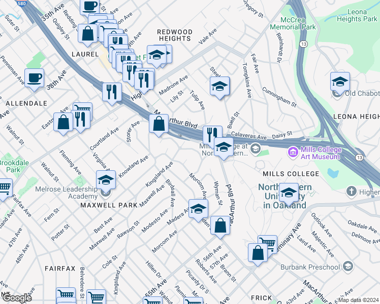 map of restaurants, bars, coffee shops, grocery stores, and more near 4737 Redding Street in Oakland