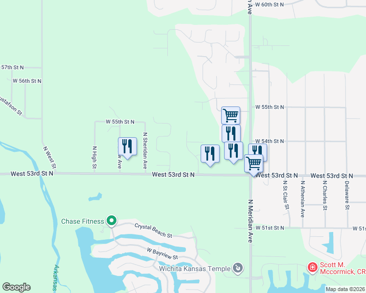 map of restaurants, bars, coffee shops, grocery stores, and more near 2894-3198 West 53rd Street North in Wichita